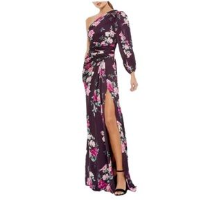 New Mac Duggal Plum Floral Print One Sleeve Gown. Small